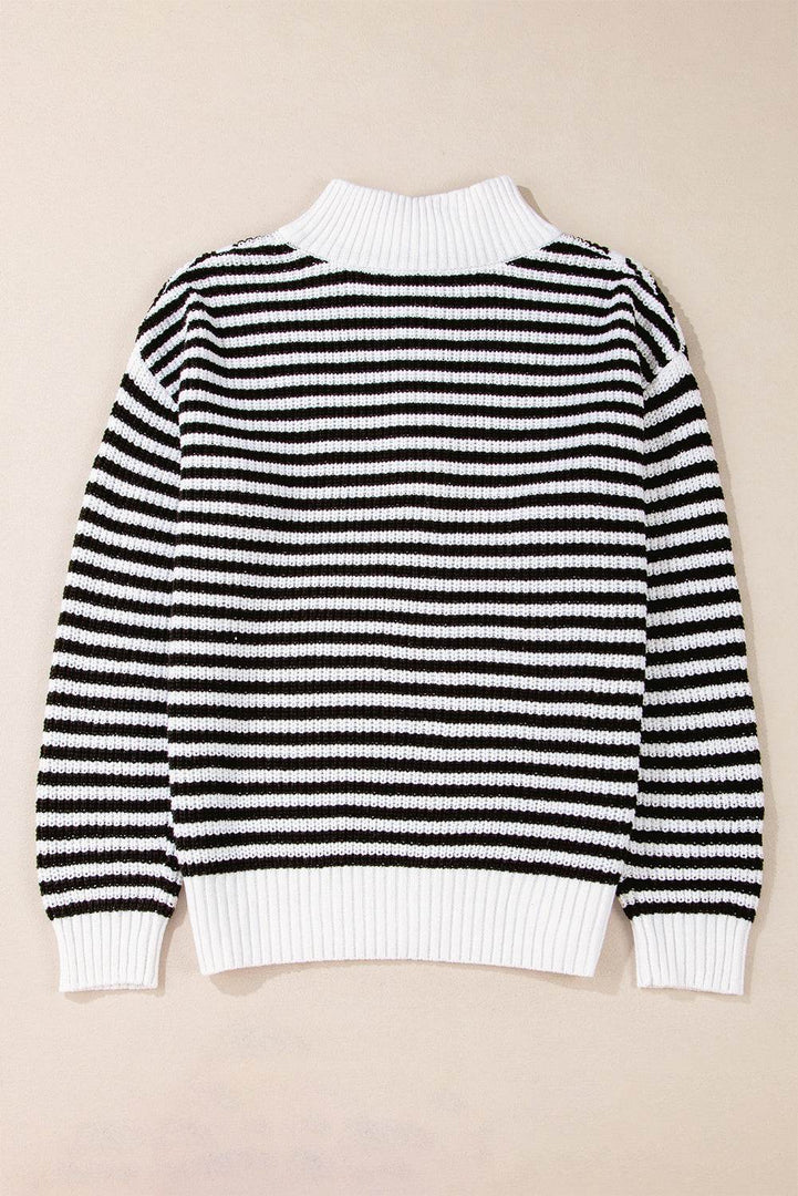 Pink Stripe Zip up Collar Drop Shoulder Sweater - Fashion Queen -  25