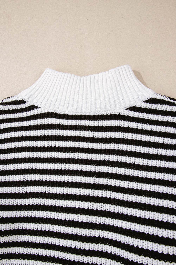 Pink Stripe Zip up Collar Drop Shoulder Sweater - Fashion Queen -  26