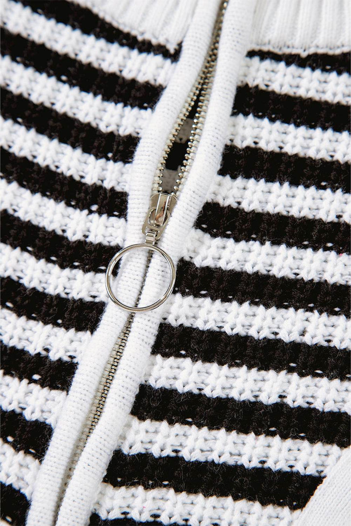 Pink Stripe Zip up Collar Drop Shoulder Sweater - Fashion Queen -  29