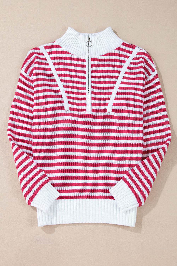 Pink Stripe Zip up Collar Drop Shoulder Sweater - Fashion Queen -  3
