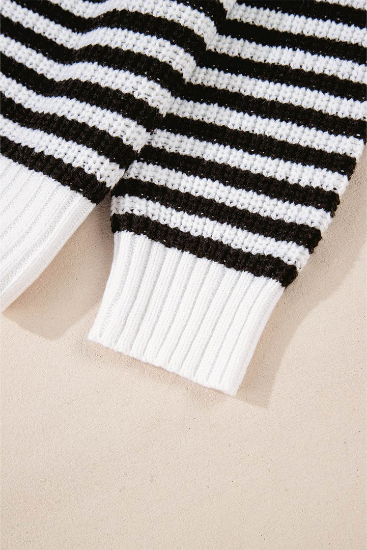 Pink Stripe Zip up Collar Drop Shoulder Sweater - Fashion Queen -  30