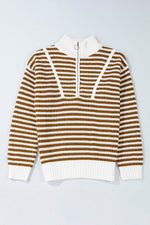 Load image into Gallery viewer, Pink Stripe Zip up Collar Drop Shoulder Sweater - Fashion Queen -  6

