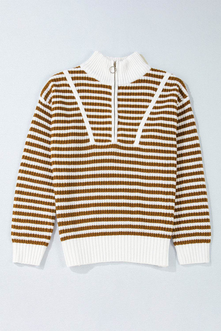 Pink Stripe Zip up Collar Drop Shoulder Sweater - Fashion Queen -  6