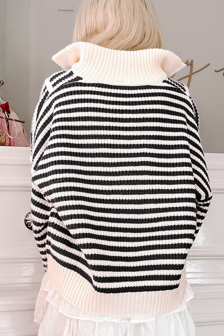 Pink Stripe Zip up Collar Drop Shoulder Sweater - Fashion Queen -  8
