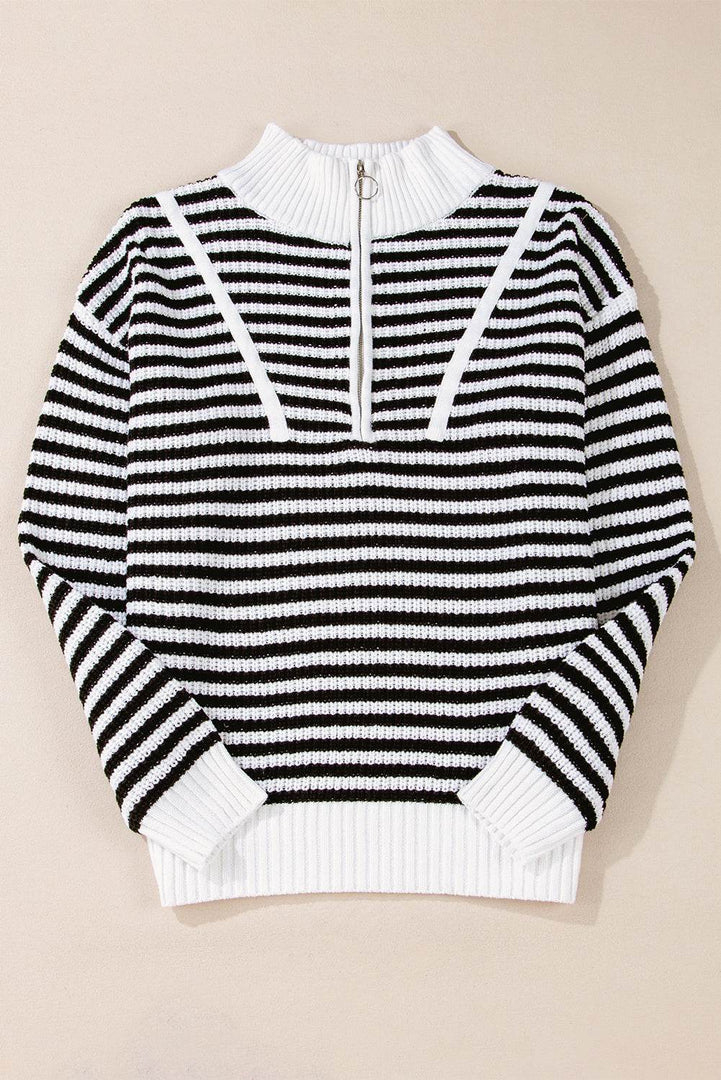 Pink Stripe Zip up Collar Drop Shoulder Sweater - Fashion Queen -  9