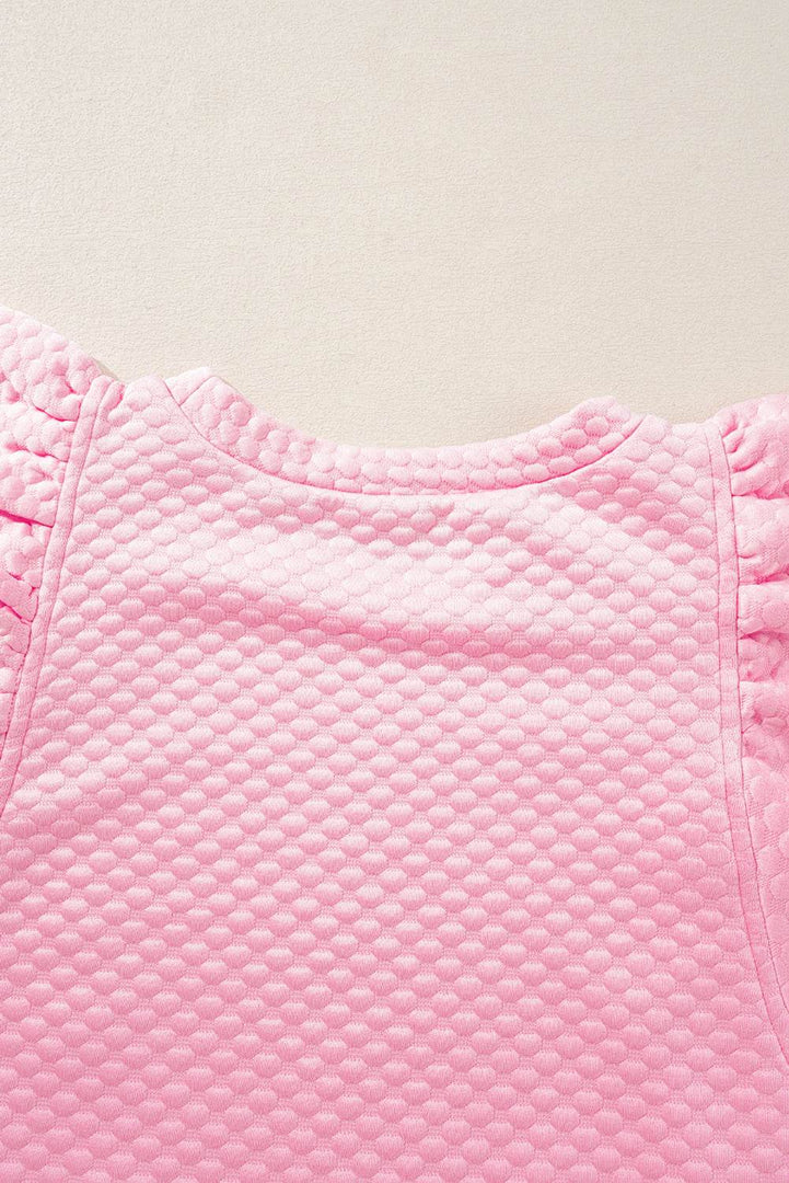 Pink Textured Ruffle Short Sleeve Pullover Top - Fashion Queen -  12