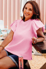 Load image into Gallery viewer, Pink Textured Ruffle Short Sleeve Pullover Top - Fashion Queen -  2
