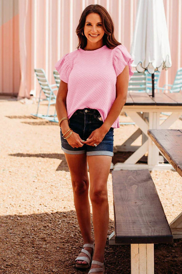 Pink Textured Ruffle Short Sleeve Pullover Top - Fashion Queen -  5