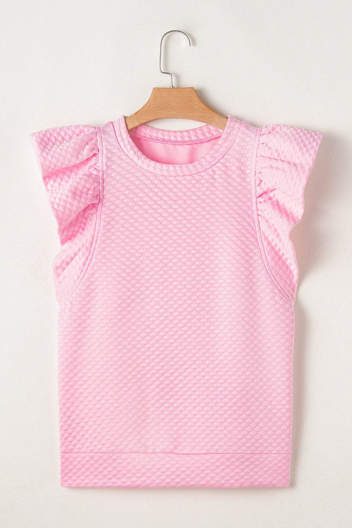 Pink Textured Ruffle Short Sleeve Pullover Top - Fashion Queen -  6