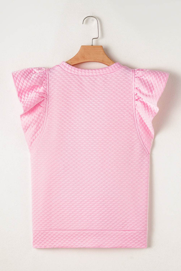 Pink Textured Ruffle Short Sleeve Pullover Top - Fashion Queen -  7