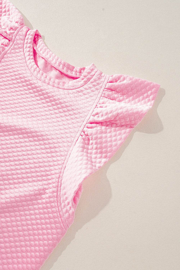 Pink Textured Ruffle Short Sleeve Pullover Top - Fashion Queen -  8