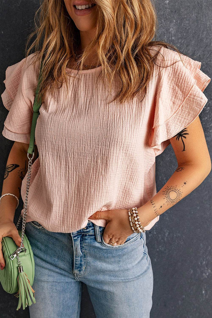 Pink Textured Tiered Ruffled Short Sleeve Blouse - Fashion Queen -  1