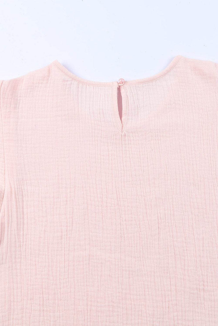 Pink Textured Tiered Ruffled Short Sleeve Blouse - Fashion Queen -  10
