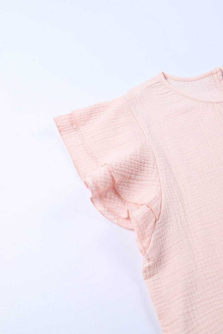Pink Textured Tiered Ruffled Short Sleeve Blouse - Fashion Queen -  11