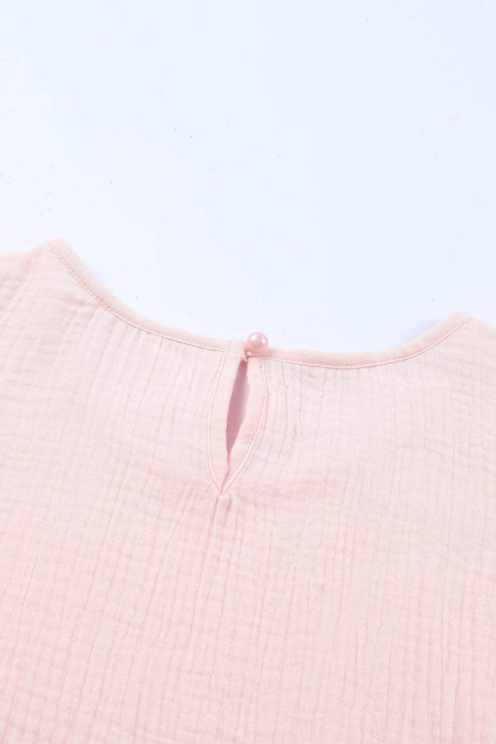 Pink Textured Tiered Ruffled Short Sleeve Blouse - Fashion Queen -  12