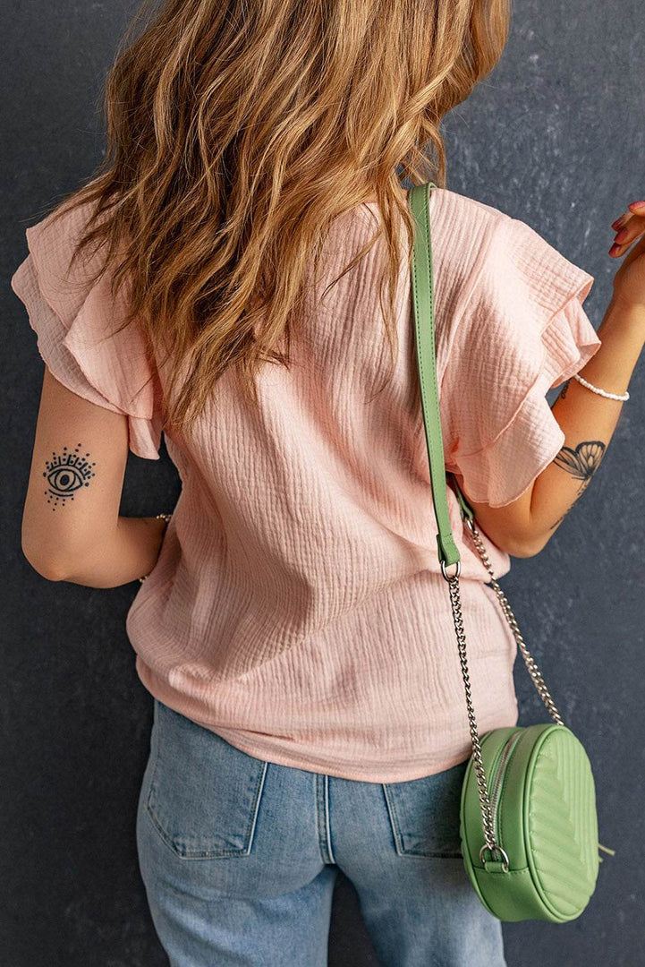 Pink Textured Tiered Ruffled Short Sleeve Blouse - Fashion Queen -  2