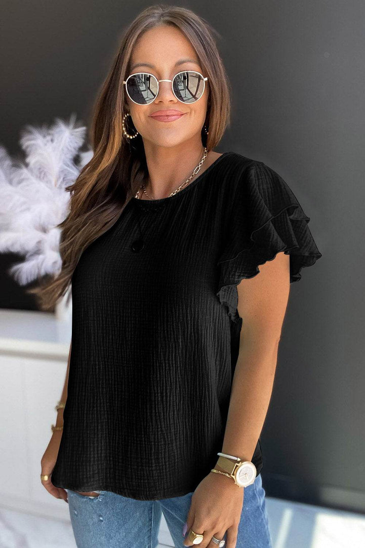 Pink Textured Tiered Ruffled Short Sleeve Blouse - Fashion Queen -  5