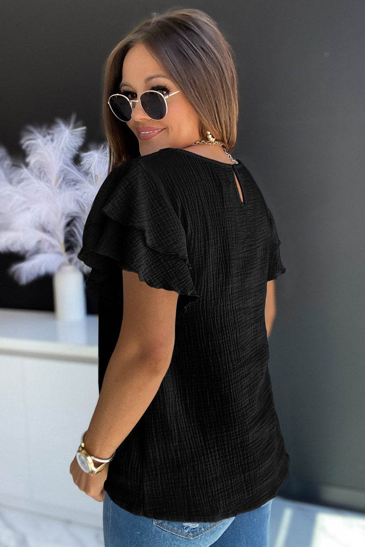 Pink Textured Tiered Ruffled Short Sleeve Blouse - Fashion Queen -  6