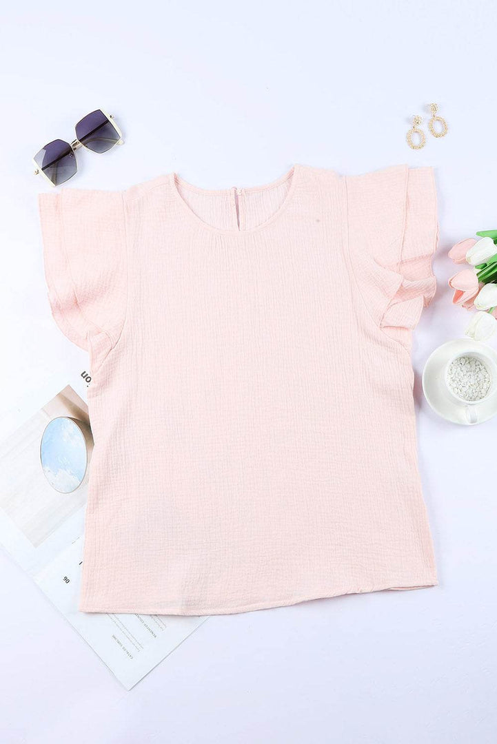 Pink Textured Tiered Ruffled Short Sleeve Blouse - Fashion Queen -  8