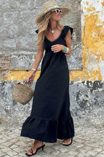Load image into Gallery viewer, Pink V Neck Flutter Sleeve Smocked Bodice High Waist Ruffle Maxi Dress - Fashion Queen -  13
