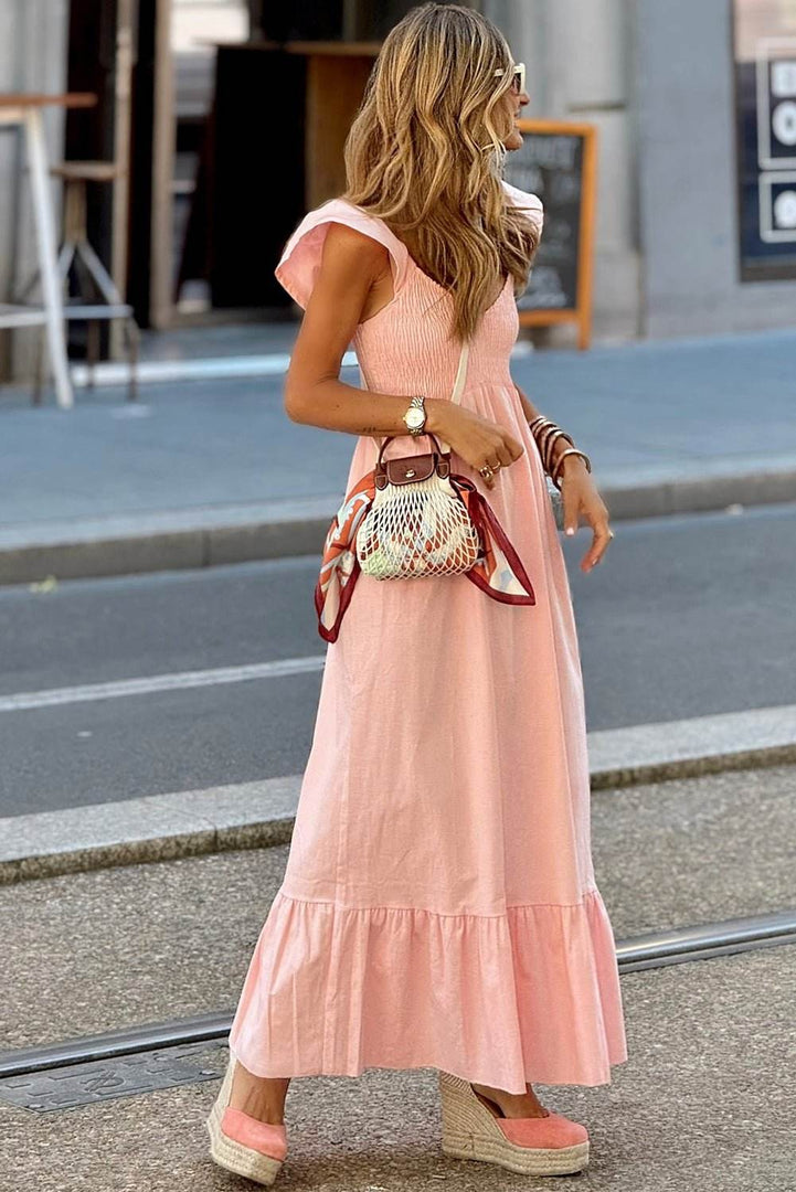 Pink V Neck Flutter Sleeve Smocked Bodice High Waist Ruffle Maxi Dress - Fashion Queen -  2