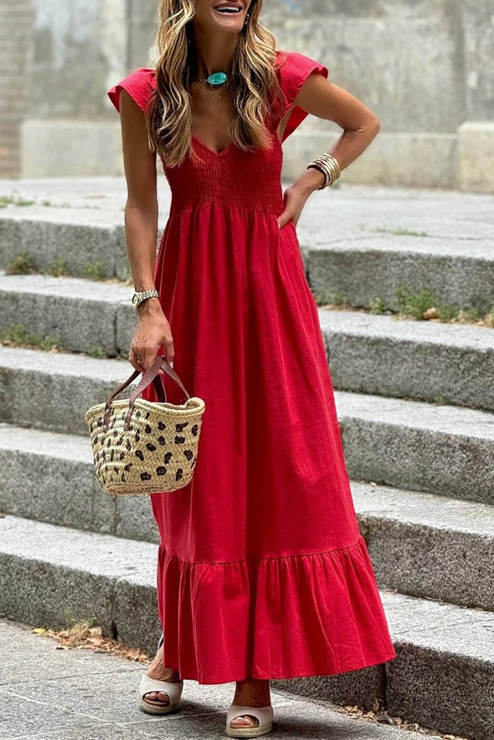 Pink V Neck Flutter Sleeve Smocked Bodice High Waist Ruffle Maxi Dress - Fashion Queen -  26