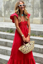 Load image into Gallery viewer, Pink V Neck Flutter Sleeve Smocked Bodice High Waist Ruffle Maxi Dress - Fashion Queen -  27
