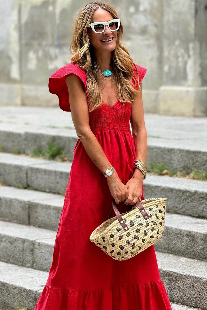 Pink V Neck Flutter Sleeve Smocked Bodice High Waist Ruffle Maxi Dress - Fashion Queen -  27