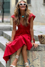 Load image into Gallery viewer, Pink V Neck Flutter Sleeve Smocked Bodice High Waist Ruffle Maxi Dress - Fashion Queen -  28

