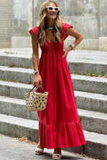Load image into Gallery viewer, Pink V Neck Flutter Sleeve Smocked Bodice High Waist Ruffle Maxi Dress - Fashion Queen -  29
