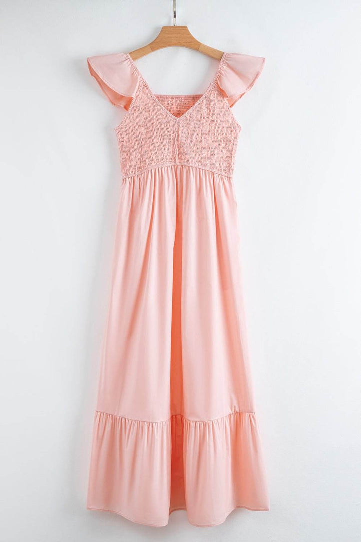 Pink V Neck Flutter Sleeve Smocked Bodice High Waist Ruffle Maxi Dress - Fashion Queen -  4