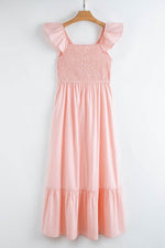Load image into Gallery viewer, Pink V Neck Flutter Sleeve Smocked Bodice High Waist Ruffle Maxi Dress - Fashion Queen -  5
