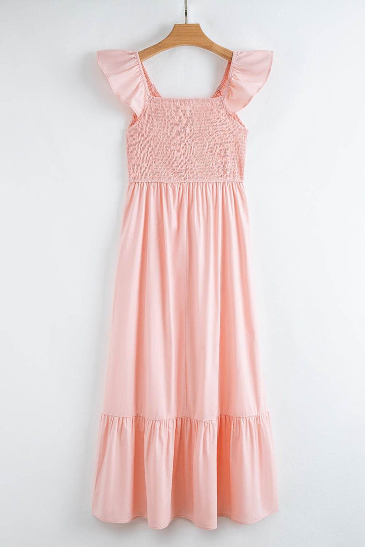 Pink V Neck Flutter Sleeve Smocked Bodice High Waist Ruffle Maxi Dress - Fashion Queen -  5