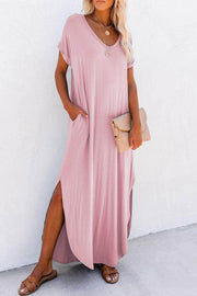 Pink V Neck Hidden Pocket Splits Maxi T-shirt Dress - Fashion Queen -  1