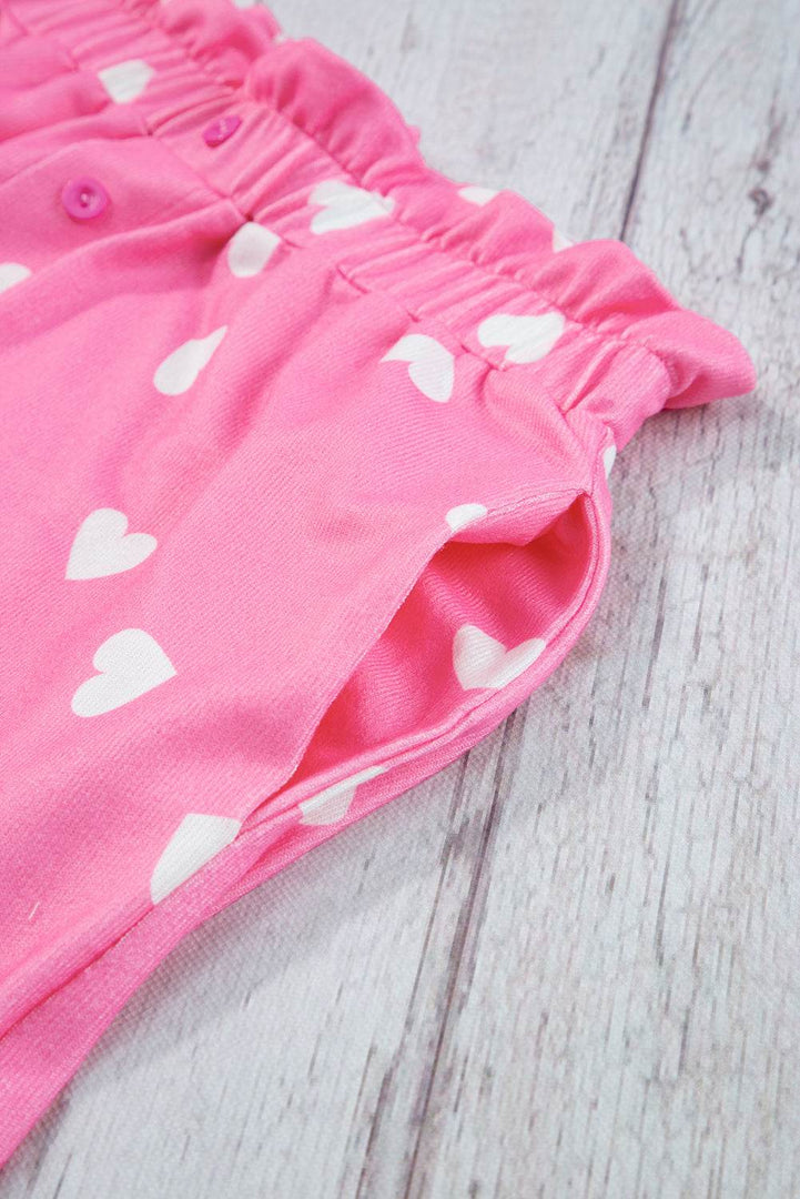 Pink Valentine Heart Print Long Sleeve Tee and Shorts Lounge Set - Fashion Queen -  12
