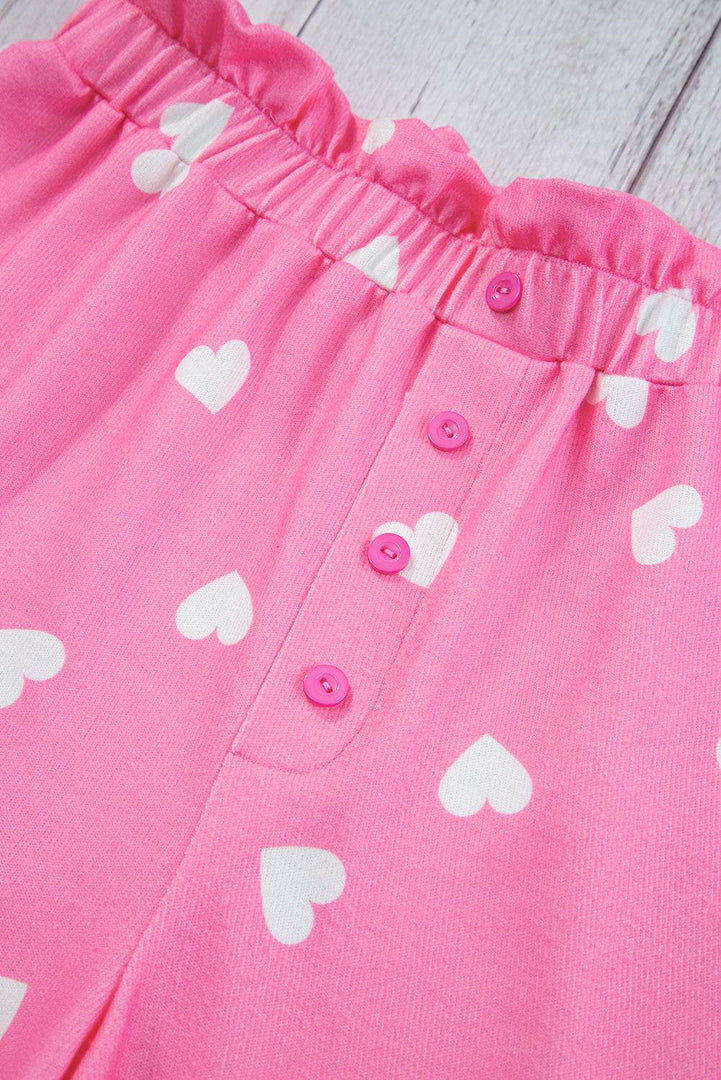 Pink Valentine Heart Print Long Sleeve Tee and Shorts Lounge Set - Fashion Queen -  13
