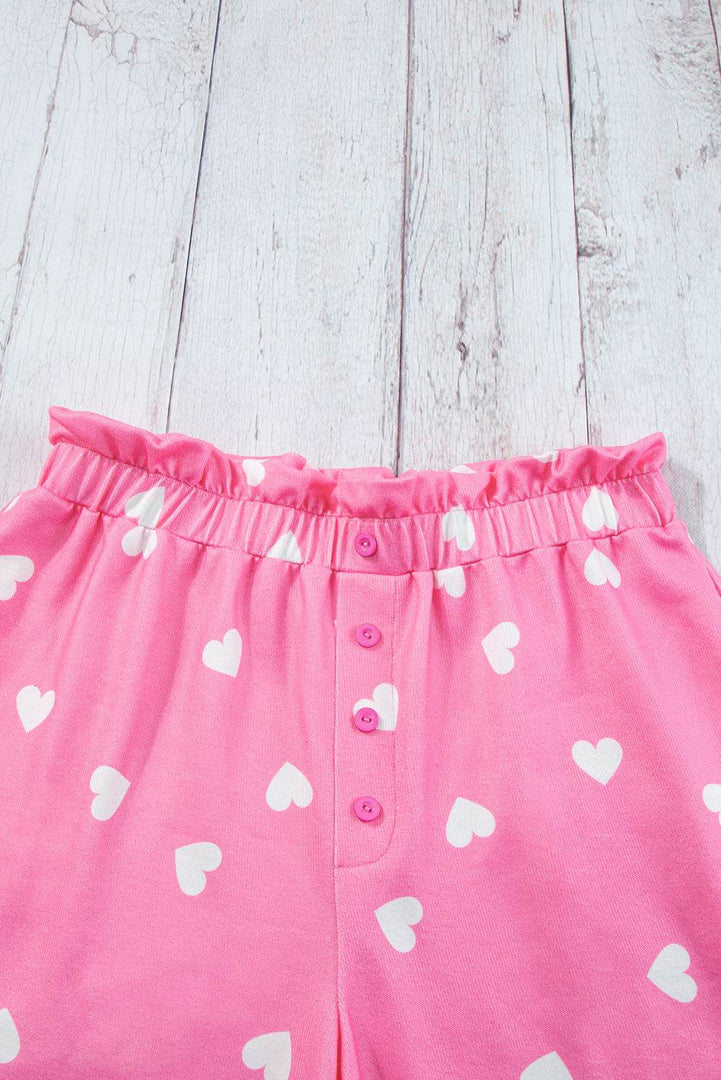 Pink Valentine Heart Print Long Sleeve Tee and Shorts Lounge Set - Fashion Queen -  14