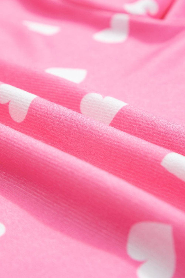 Pink Valentine Heart Print Long Sleeve Tee and Shorts Lounge Set - Fashion Queen -  16