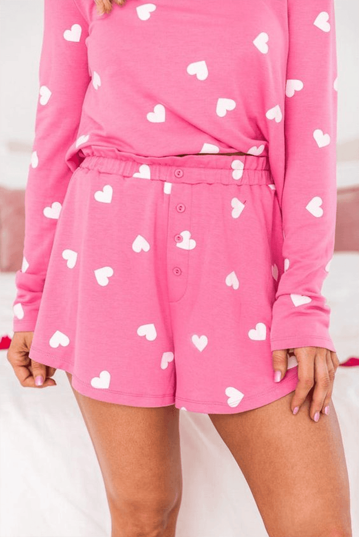 Pink Valentine Heart Print Long Sleeve Tee and Shorts Lounge Set - Fashion Queen -  3