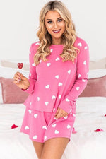 Load image into Gallery viewer, Pink Valentine Heart Print Long Sleeve Tee and Shorts Lounge Set - Fashion Queen -  5
