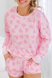Pink Valentine Heart Shape Print Long Sleeve Top Shorts Lounge Set - Fashion Queen -  1