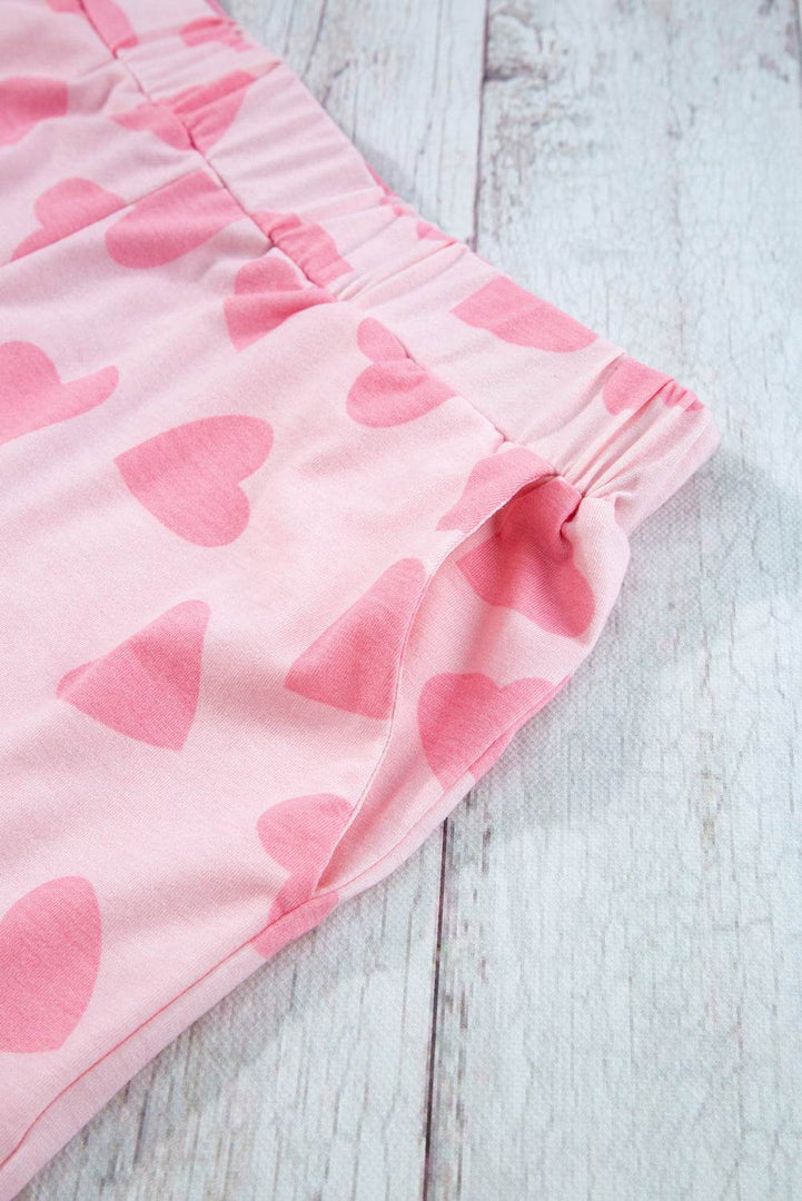 Pink Valentine Heart Shape Print Long Sleeve Top Shorts Lounge Set - Fashion Queen -  11