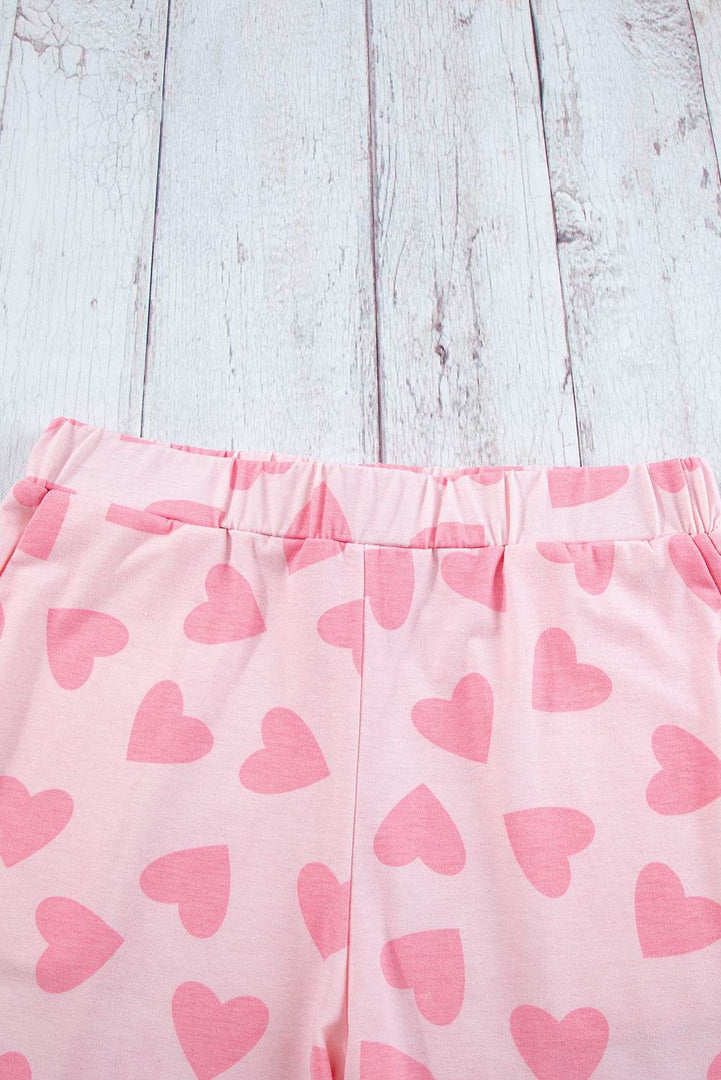 Pink Valentine Heart Shape Print Long Sleeve Top Shorts Lounge Set - Fashion Queen -  12