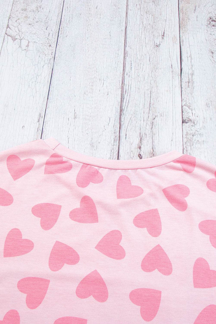 Pink Valentine Heart Shape Print Long Sleeve Top Shorts Lounge Set - Fashion Queen -  15