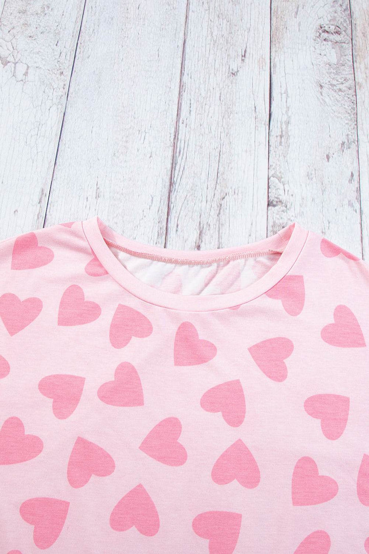 Pink Valentine Heart Shape Print Long Sleeve Top Shorts Lounge Set - Fashion Queen -  17