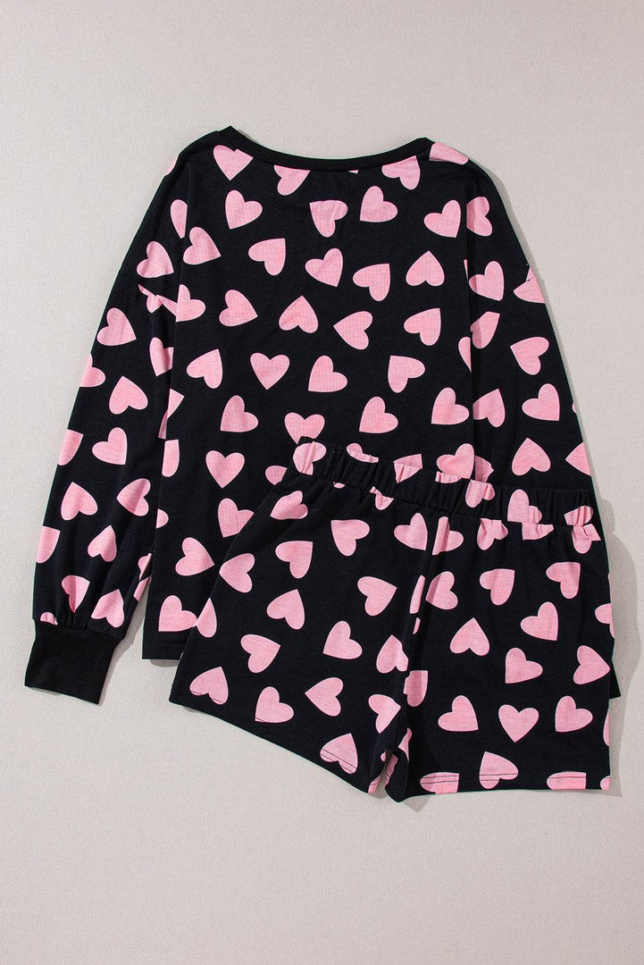 Pink Valentine Heart Shape Print Long Sleeve Top Shorts Lounge Set - Fashion Queen -  18