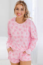 Load image into Gallery viewer, Pink Valentine Heart Shape Print Long Sleeve Top Shorts Lounge Set - Fashion Queen -  2
