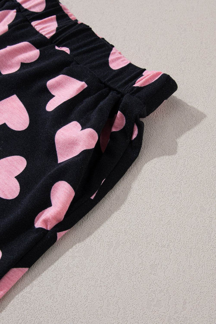 Pink Valentine Heart Shape Print Long Sleeve Top Shorts Lounge Set - Fashion Queen -  22