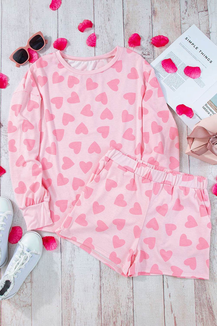 Pink Valentine Heart Shape Print Long Sleeve Top Shorts Lounge Set - Fashion Queen -  3