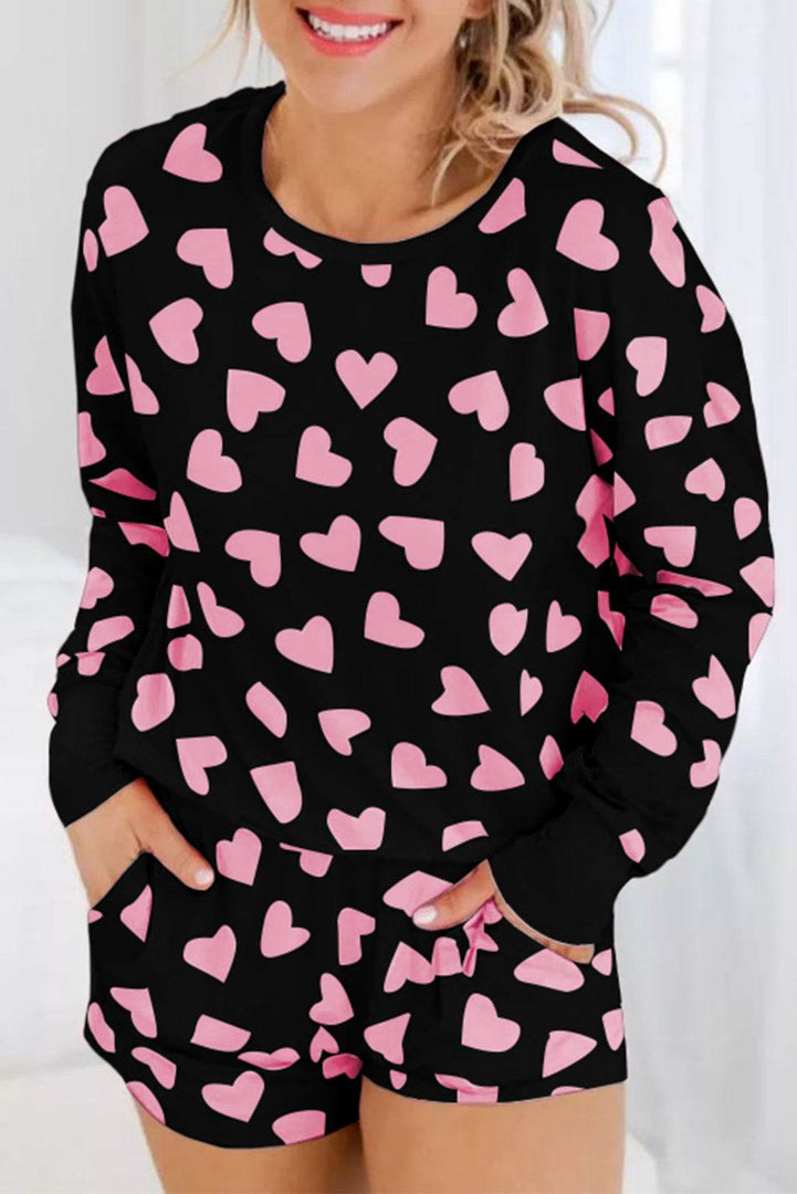 Pink Valentine Heart Shape Print Long Sleeve Top Shorts Lounge Set - Fashion Queen -  4